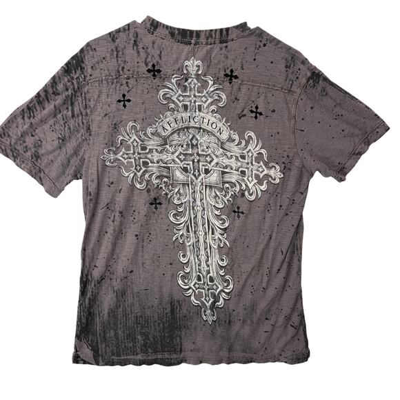 Affliction Y2K Size S Henley Shirt Tee Gothic Rock Cross Distressed Velvet Gray - Picture 2 of 12